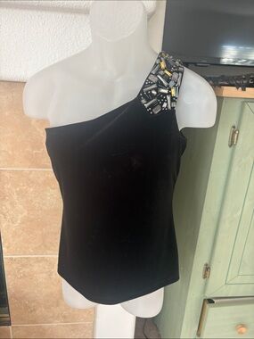 Cache Black One-Shoulder Velvet Camisole with Beaded Shoulder